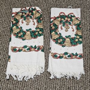 Vintage Christmas Holiday Kitchen Hand Towel Wreath Bell Ribbon Design Lot Of 2!